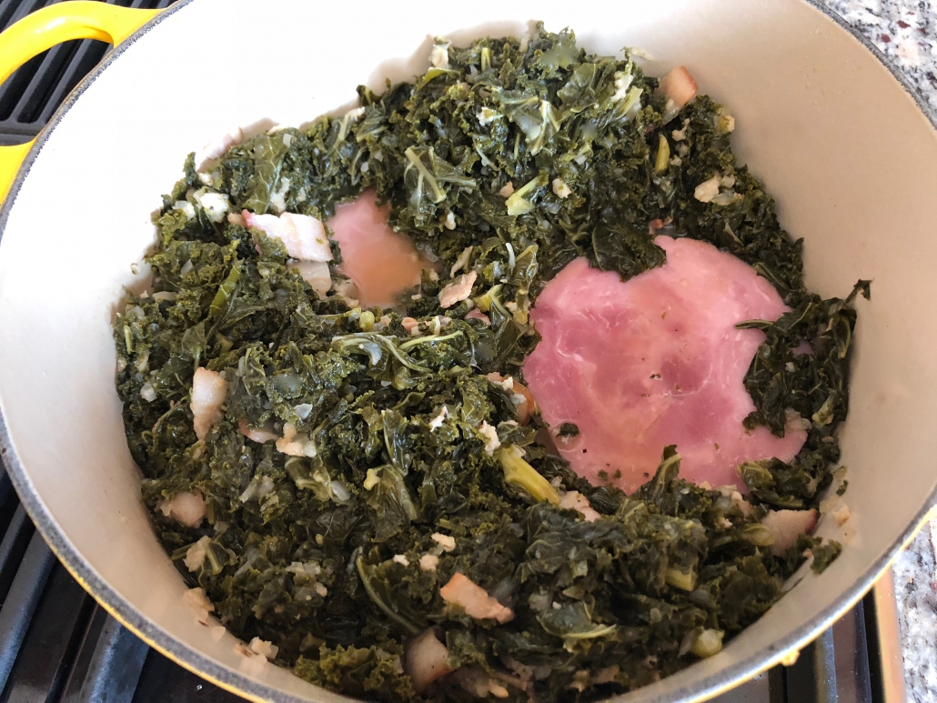 Adding ham to the German Style Kale Recipe